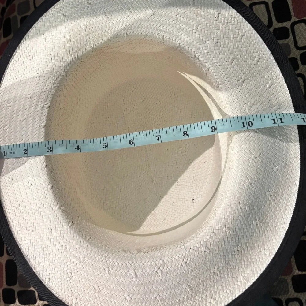 Vintage Cream Straw Boater Hat Black Ribbon Flower Wide Brim Sun Hat Tie Strap